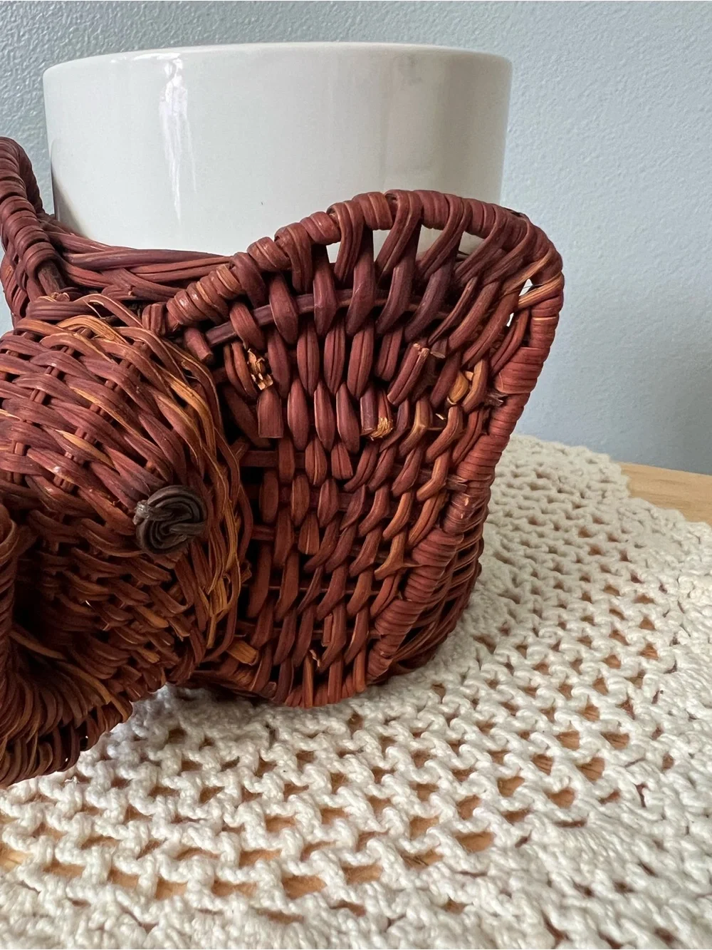 Vintage Handwoven Trunk Up Elephant Basket Planter Rich Brown Retro Wicker Boho